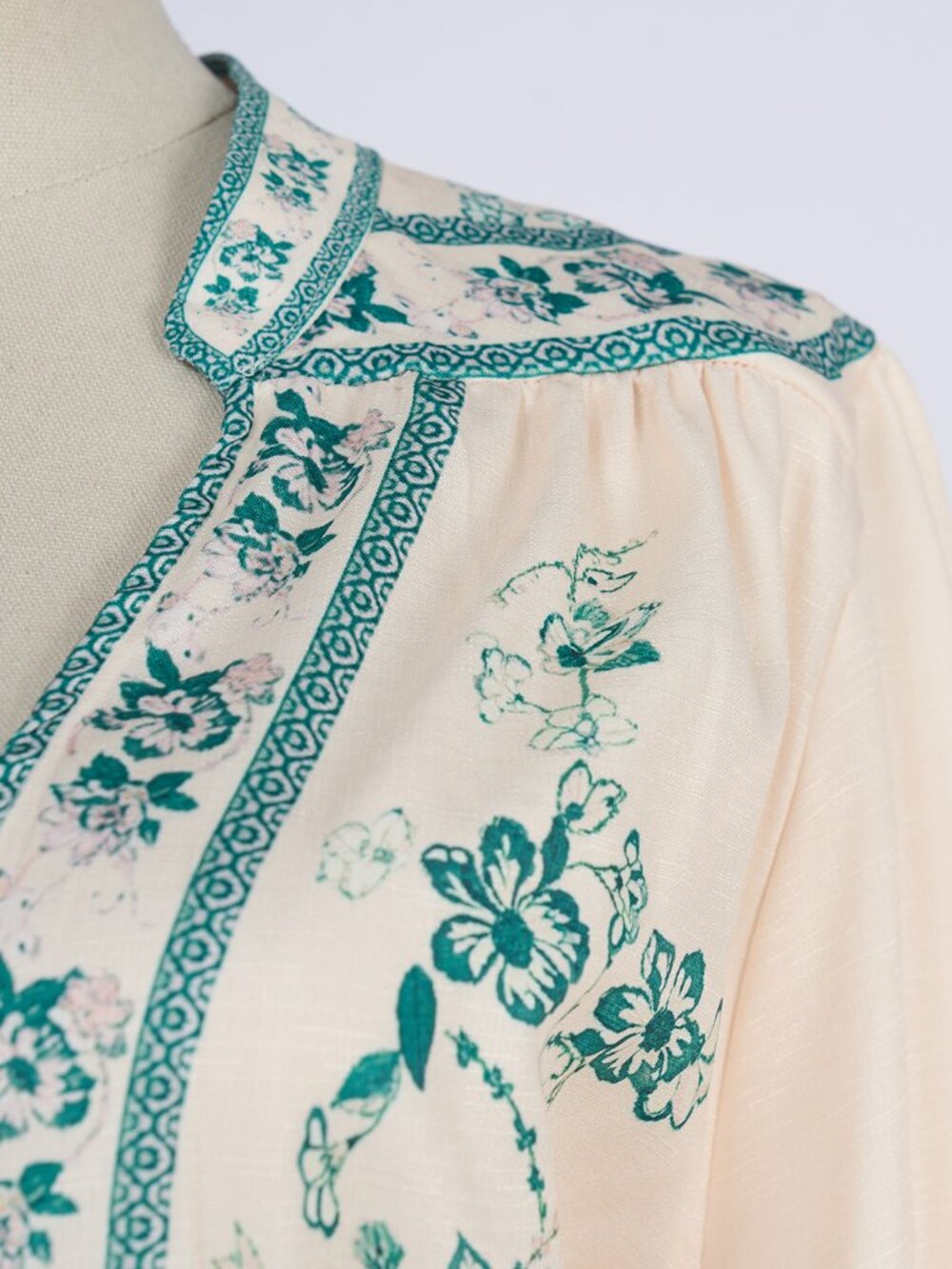 Vintage Cream & Teal Floral Bird Print Prairie Maxi Dress - Picture 7 of 14